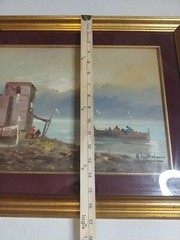Vintage Signed Italian Fishing Boat Port Harbour Italy Oil Canvas Painting Frame