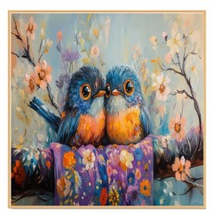 Colorful Birds on Floral Branch in Spring Flat Rolled, Framed or Wrapped Canvas