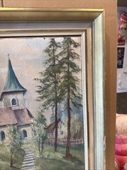Real Signed Oil On Canvas Painting Realism Old Church Chapel Grave 23×26”