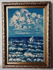 Framed Mini Seascape White Sailboat Minimalist Sea Art 4×6 Oil Painting Original