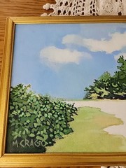 Vintage Maribeth Crago Erie Pa Artist Acrylic Painting „By My Home“ 21.5″w