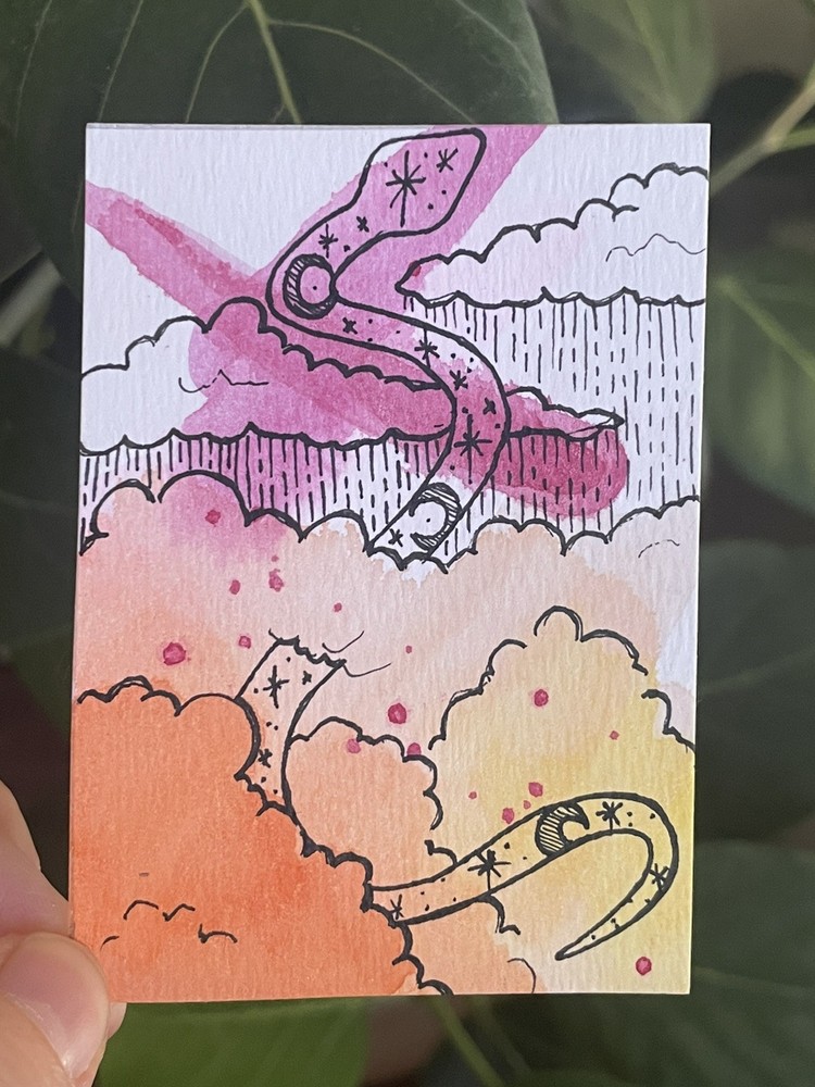 Starry Snake Original ACEO Watercolor Painting Nature witchy clouds sky stars