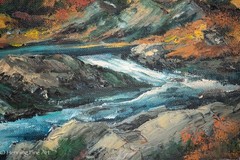 Vintage Fall Landscape Oil Painting Hal Sautter Mountain River Waterfalls 31×39″