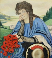 Sitting Young Woman with a Bouquet of Poppies, Art Nouveau Watercolor, c1900