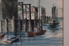 New England Boat Dock Coastal Watercolor Painting Signed Piersol 55