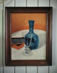 Vintage Oil Still Life Bottle Box Glass on Canvas Framed 15×19 Signed 1961 OOAK