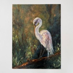 Original Egret Bird Painting, Wildlife Art, Oil On Hardboard,12×16 Inch Wildlife