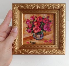 Pink Roses Bouquet Original Oil Painting Framed Still Life in Bronze frame 4×4″