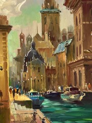Oil Painting Venetian Reflection Y. Suprunchuk Evening Cityscape Art nAAA4243