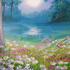 Moonlit Summer Night Landscape Acrylic Painting Original Floral Nature Art 8×8