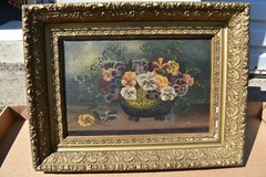 Old Still Life Painting on Canvas, ‚Bowl of Pansies‘ (JC288) chalice co
