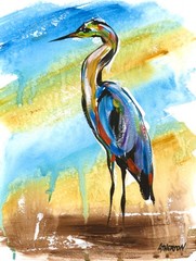 9×12 Original Blue Heron Painting Crane Bird Wildlife Art Coastal Marsh Nature