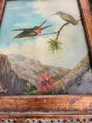 Original Signed K Mills Oil On Canvas Ruby Throated Hummingbirds Shadowbox Frame