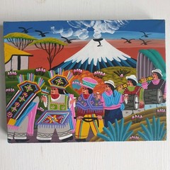 Vintage 2015 Ecuadorian Tigua FolkArt Painting Sheepskin Hide Andes Cotopaxi 7×5