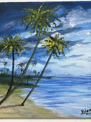 Original Art Work Acrylic Painting Tropical Landscape Palm Trees 9×8 Blue Signed