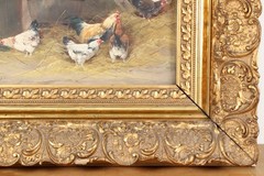 ALFRED PREHN Chicken Coop Oil Painting Circa 1900 Signed Rooster Hens Chickens Genre