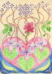 OrIgInAl FoLk ART WaTeRCoLoR PaInTiNg VinTaGe ShAbbY ChIc PiNk RoSe PuRpLe HEaRt