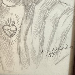 Sacred Heart of Jesus Original Pencil Drawing Signed In Leather Frame Free Ship