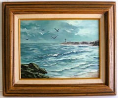 EDWARD JECKEL VINTAGE OIL PAINTING CANVAS SIGNED AMERICAN NY ARTIST LIGHTHOUSE