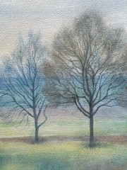 Watercolor 2 bare trees in front of a flat landscape nature painting Krause 1993