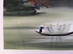 Asian Style Paintings Lotus Flowers & River Scene Boat Village No Frame Set 2