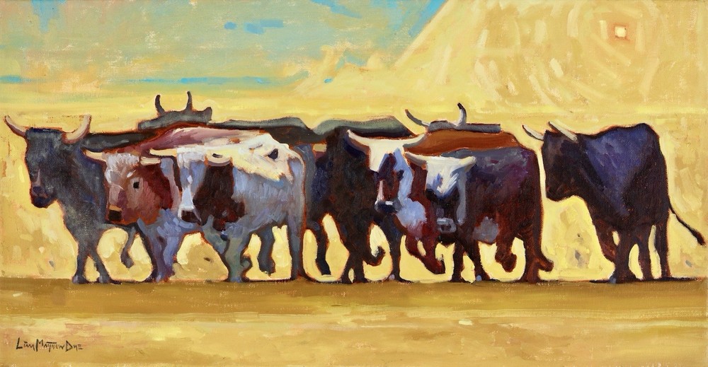Original Western Painting Signed Cows Cowboy Print 12×23”