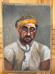 Vintage C.1940 Portrait Oil on Canvas Man Yellow Hat Attr Jean Schweckler 21×15