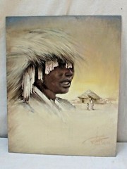Vintage African Tribal Man w/ Headdress Oil Painting On Masonite 1986 R. Roberts