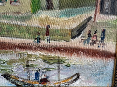 VINTAGE OIL PAINTING SIGNED MS M.S. FAUVIST NAIVE TOWN VILLAGE RIVER CANAL BOATS
