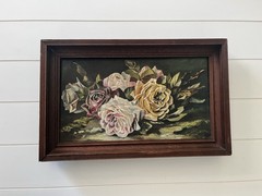 Beautiful Old Antique Original Painting On Canvas Roses Floral Moody Art VTG