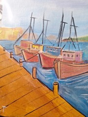 Original Signed Bold Harbor Boats Acrylic Art Impressionist Paper