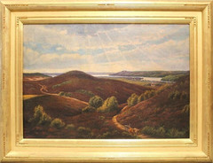 PANORAMIC HUDSON RIVER SCHOOL LANDSCAPE: HILLS-RIVER-VAST SKY-GOLD FRAME Sublime