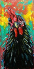 Rooster #1063 – 12×24″ original oil painting by Roz
