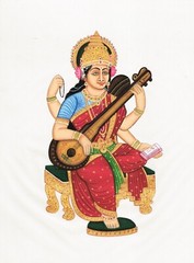 Handmade Art Painting Of‎ Goddess Saraswati With Veena On Silk Cloth 10×13 Inch