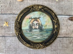 Original Art 8inch diameter Round Art Mermaid Painting Female Portrait