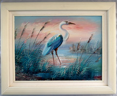 Signed Oil Painting Blue Heron Florida Artist