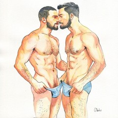 12×12″ Original Ink Watercolor Painting Drawing Gay Man Male Nude