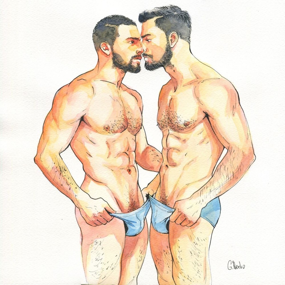 12×12″ Original Ink Watercolor Painting Drawing Gay Man Male Nude