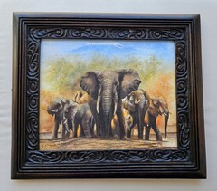 Kenyan Artist RICHARD KIMEMIA African Painting Elephant Family CARVED WOOD FRAME