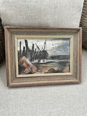 Vintage Carlotta Browning Signed Oil Painting Marine Harbor Seascape Impasto