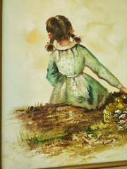 Picture Oil Painting on Canvas Portrait of back of Girl Framed Art 23″ x 19 1/4