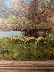 FRAMED SIGNED ANTIQUE OIL PAINTING LADY TENDING HER SHEEP IN A FIELD WITH TREES