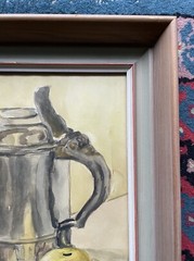 Tor Norling *1986 Still Life Pewter Jug Beer Stein Apples Wooden Chest 1947