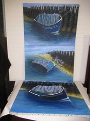 OOAK Lot of 3 original paintings collage boats 24×18 signed canvas Gallery Wall