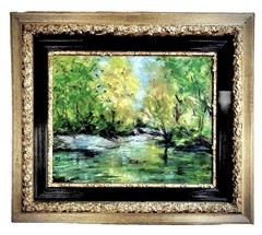 Vintage Double Framed Original Impressionist Lagoon Oil on Canvas Painting