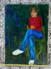 Handmade oil painting boy Ukrainian vintage 1960s Length 27inch Width19
