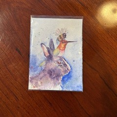 Original Painting Rabbit Hummingbird Bumblebee Friend ATC Artwork Miniature Art