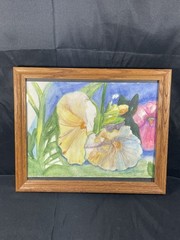 Original Watercolor Painting Black Cat With Flowers Signed Framed READ