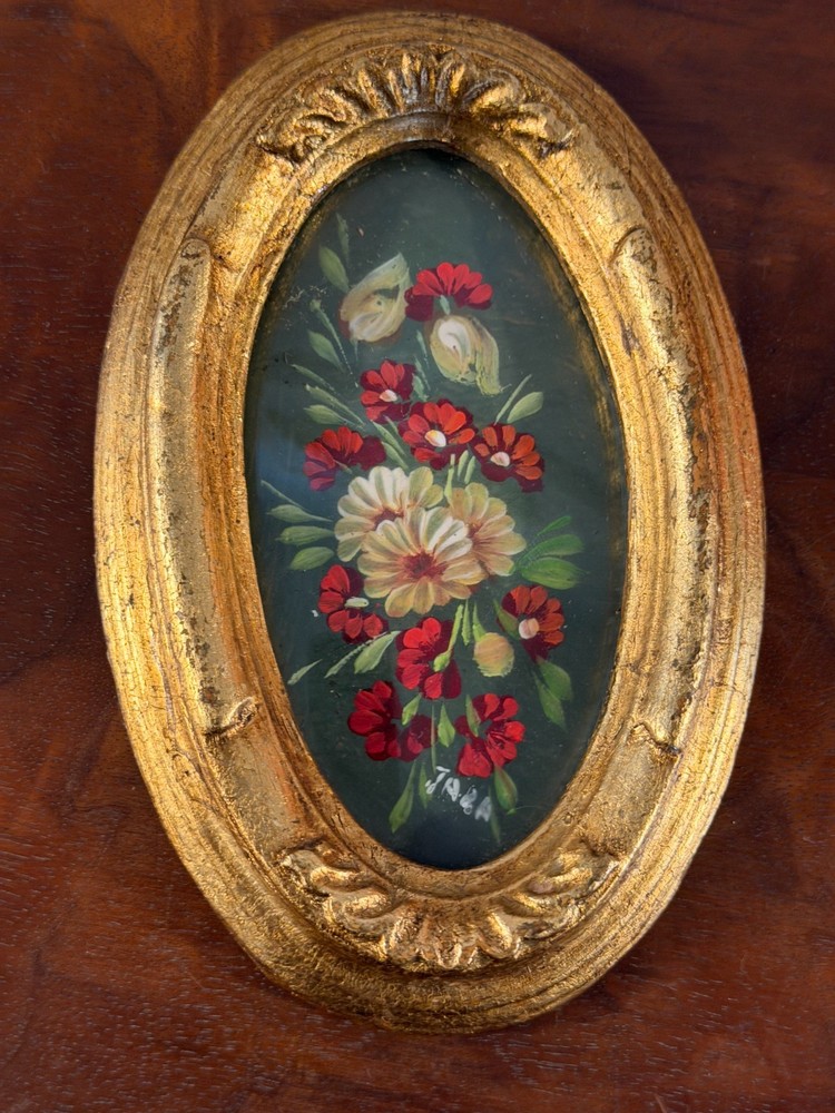 Vintage Tara of Italy Floral Oil Painting Ornate Gold Oval Frame
