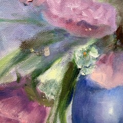 Original Floral Still Life Oil Painting Canvas Framed Pink Roses Blue Vase Cup